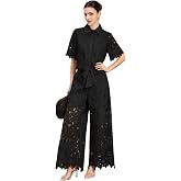 CHICWISH Women 2 Piece Outfit Guipure Lace Crop Shirt Tie-Waist Pants Set