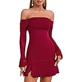 HTZMO Women Long Sleeve Sexy Off Shoulder Bodycon Mini Dress Ruched Side Slit Homecoming Going Out Party Short Dresses