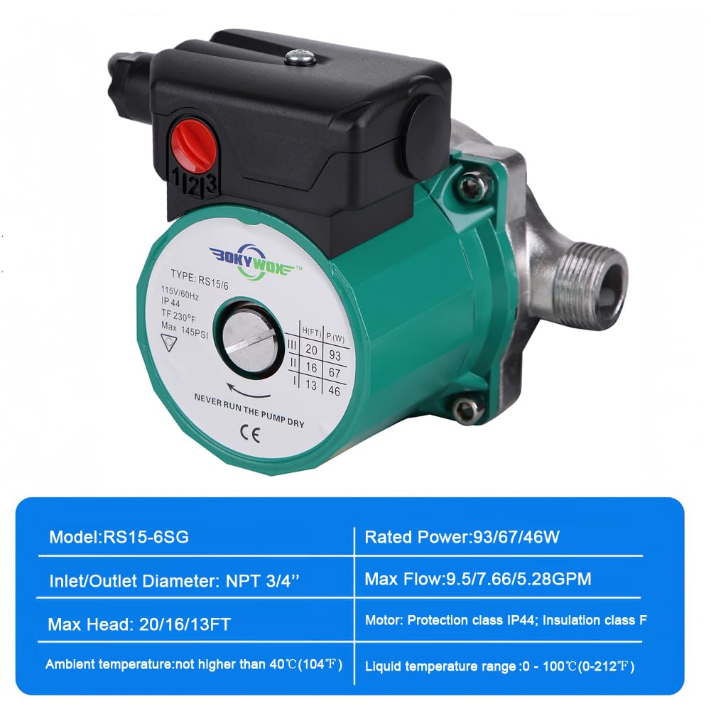 BOKYWOX 110-120V 3/4'',3-Speed Food Grade Domestic Circulation Pump Hot Water Circulator Circulating Pump (RS15-6SG)