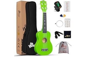 Winzz Soprano Ukulele Starter Kit For Beginners with Bag, Clip-On Tuner, Extra Strings, Strap, Plectrum, Fret Stickers, Chords Card, Polishing Cloth, Light Green
