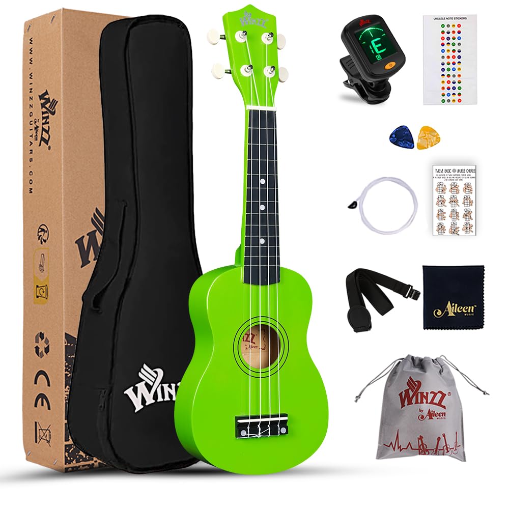 Winzz Soprano Ukulele Starter Kit For Beginners with Bag, Clip-On Tuner, Extra Strings, Strap, Plectrum, Fret Stickers, Chords Card, Polishing Cloth, Light Green — image 1