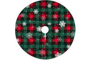 MAJOUG Snowflake Christmas Tree Skirt, Red and Green Buffalo Plaid Xmas Tree Mat for Farmhouse New Year Festive Holiday Party Decorations Indoor Outdoor 36" inch