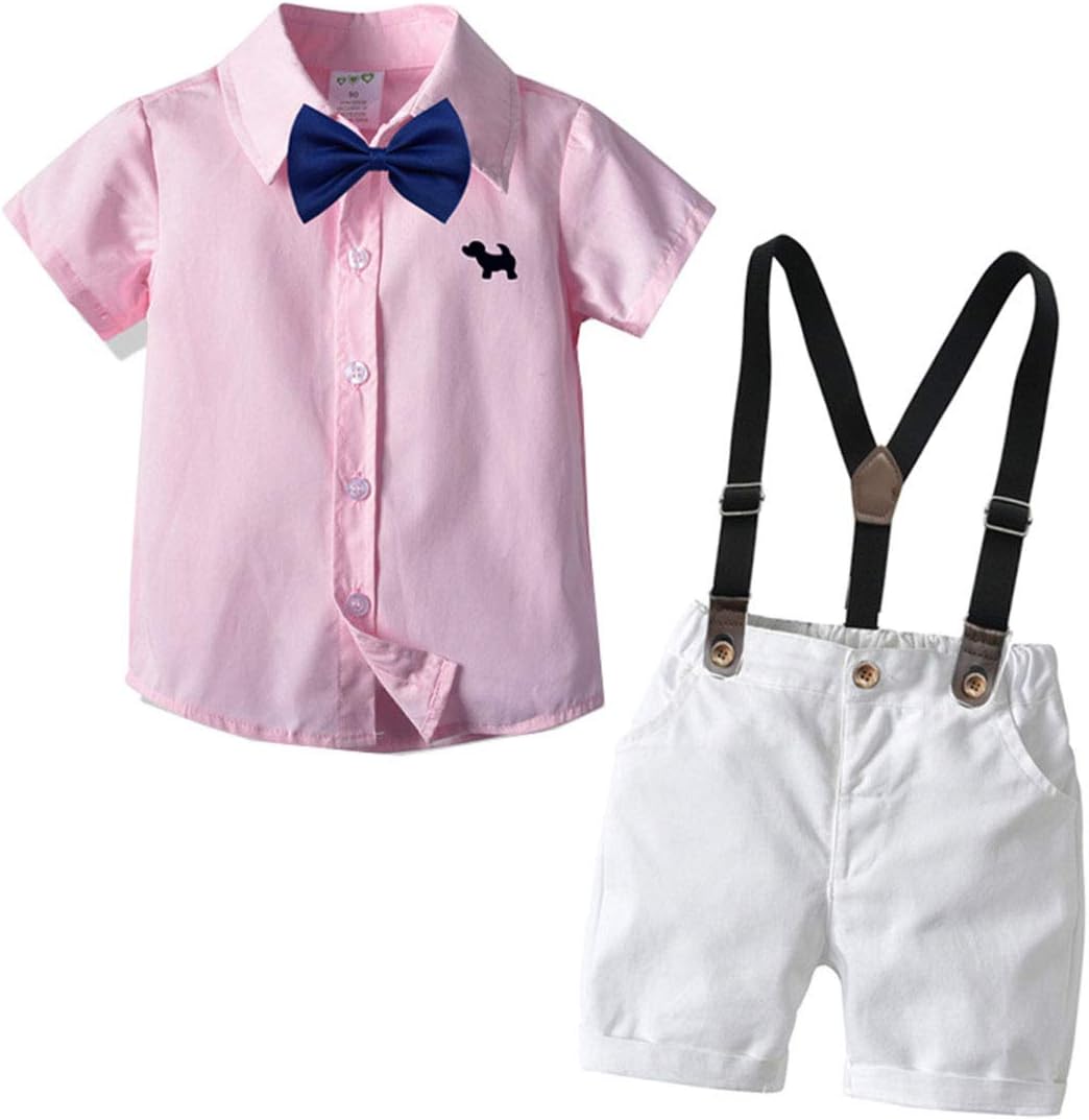 Baby Boys Safari Outfit Little Boys Gentleman Suit Set Short Sleeve Shirt +Suspender+ Short Pants+Bow Tie 4Pcs Toddler