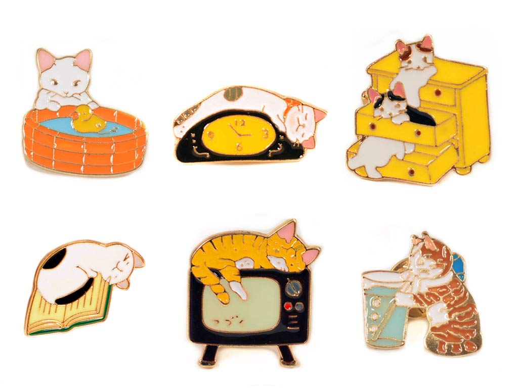 Cartoon Lapel Brooch Set Novelty Cute Cat Kitten Pins Badges For Women Children Clothing Backpacks Decor (Cat Set)