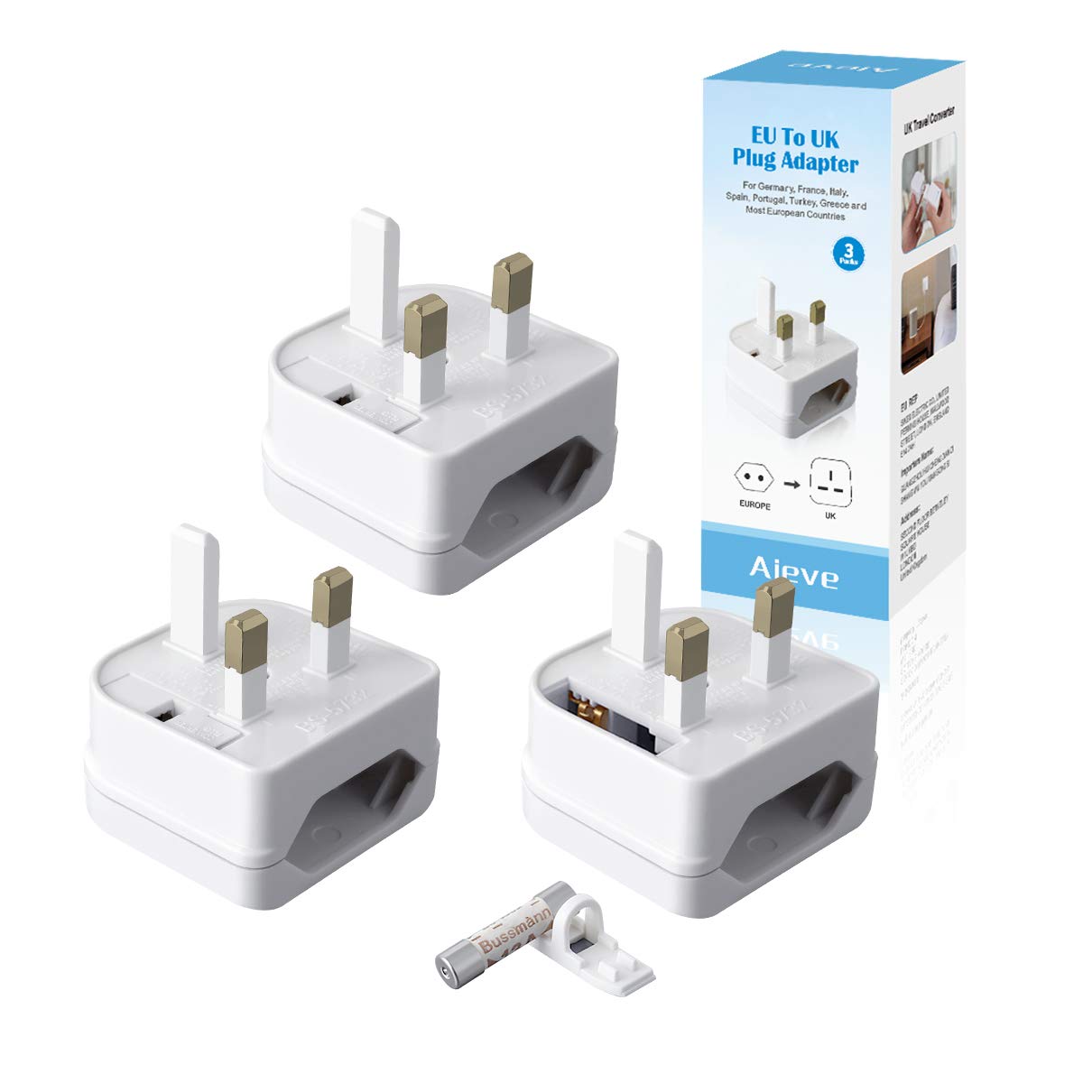 European to UK Plug Adaptor,AIEVE 2 Pin EU to UK 3 Pin Adapter Plug, EU