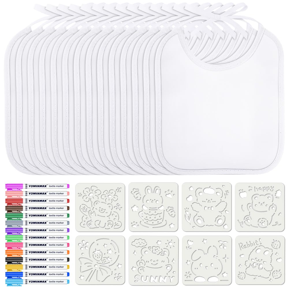 Aolso Baby Bibs for Painting - 14 Piece Set, Waterproof, White with 14 Pens and 8 Stencils , Drool Bib (20 x 24cm) — image 1
