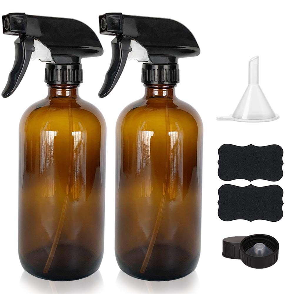16oz Glass Spray Bottles with Funnel and Labels (2 Pack) - Empty Refillable Container for Essential Oils, Cleaning Products, or Aromatherapy - 2 Refillable Trigger Sprayers and 2 Durable Caps (Amber) : Beauty