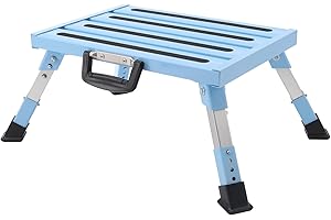 GarfatolRv Adjustable RV Steps,Aluminum Folding Platform Step Anti-Slip Surface with Portable Handles Safety Platform Adjustable Height Max Load 1000 lbs for Camping Travel Trailer (Azure)