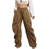 WDIRARA Women's Ruched Baggy Parachute Pants Drawstring Elastic Waist Pants Joggers