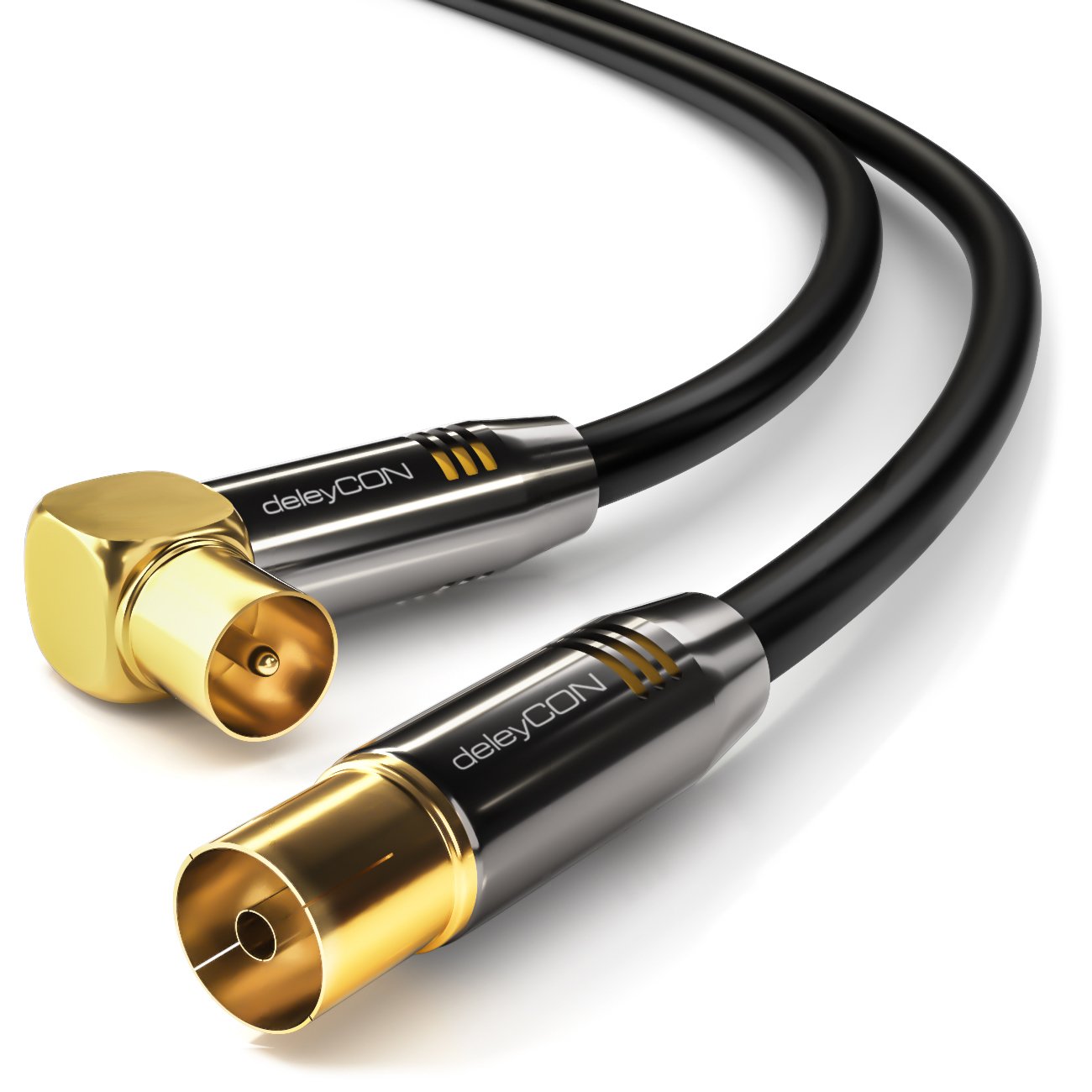 deleyCON 2m (6.56 ft.) TV Antenna Cable Coaxial Cable Gold-plated connector 1x 90° angle 1x straight Metal Connector UltraHD FullHD HDTV - Black