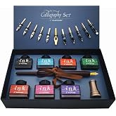 Plotube Calligraphy Pen Set &ndash; Includes Wooden Dip Pen, Antique Brass Holder, 11 Nibs, 7 Colors Ink Bottles and Beginner's Manual