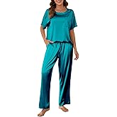 MOYEE Women's Silk Pajama Sets Satin 2 Piece Loungewear Silky Top and Pants with Pockets