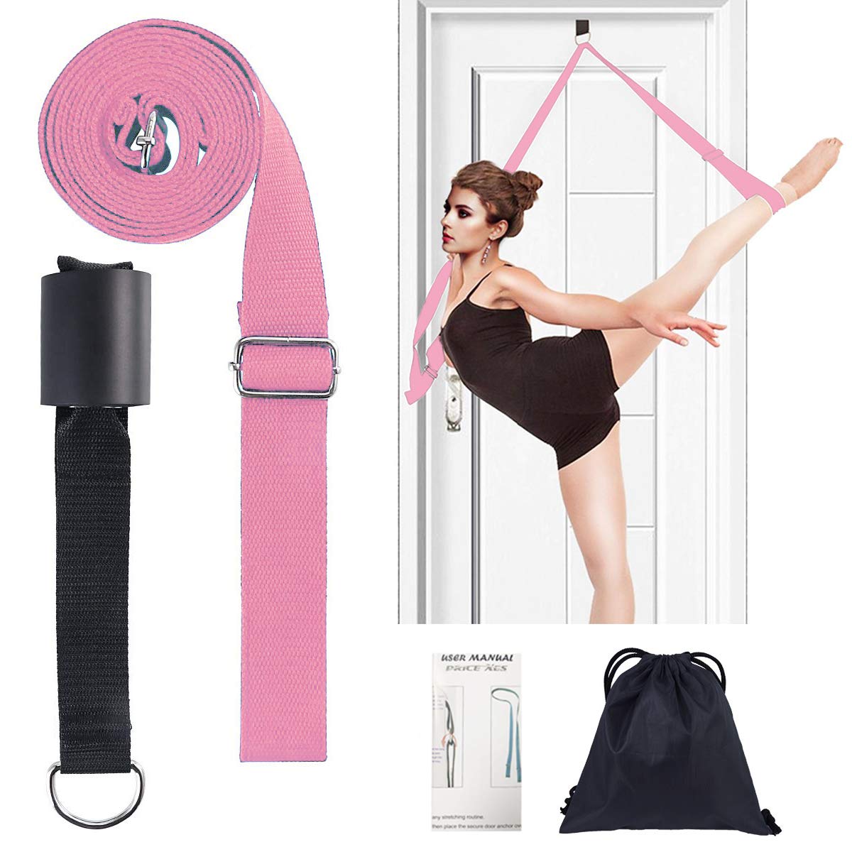Door Flexibility & Yoga Stretching Leg Strap, 11 Loops Hamstring Stretcher Belt Resistance Exercise Band, Foot Back Stretch Assist Great for Ballet Cheer Dance Gym Pilates Physical Therapy