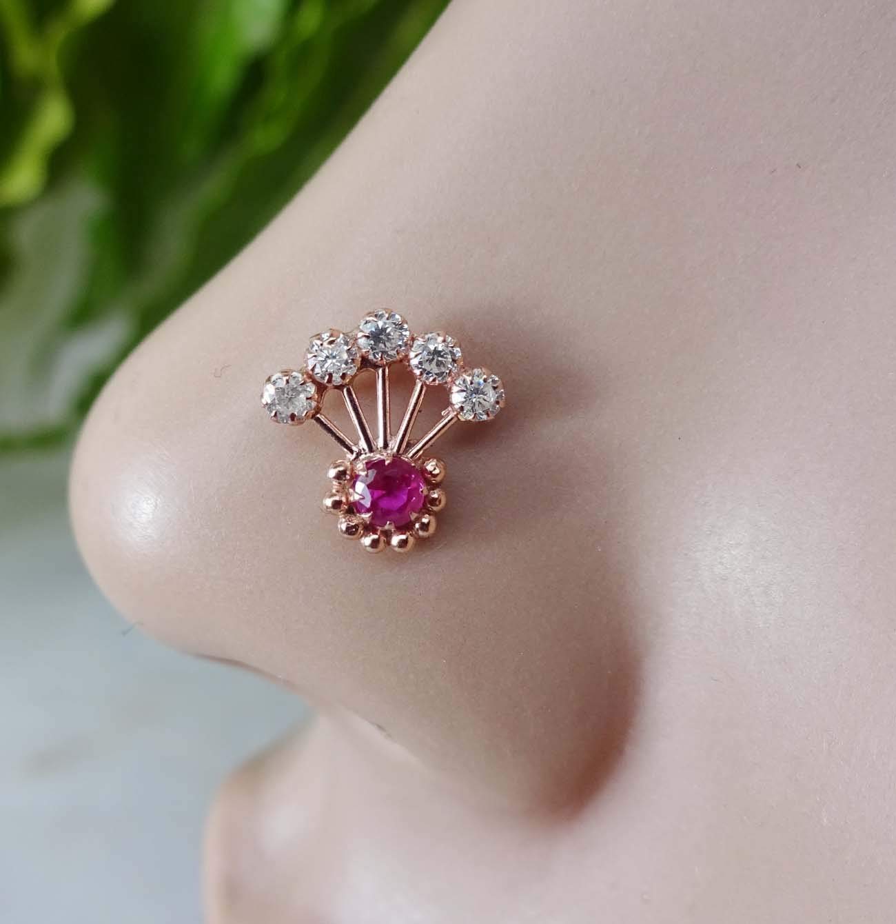Rose Gold Nose Screw,Ruby Nose Stud,Feather Nose Piercing,Unique Nose Stud,Funky