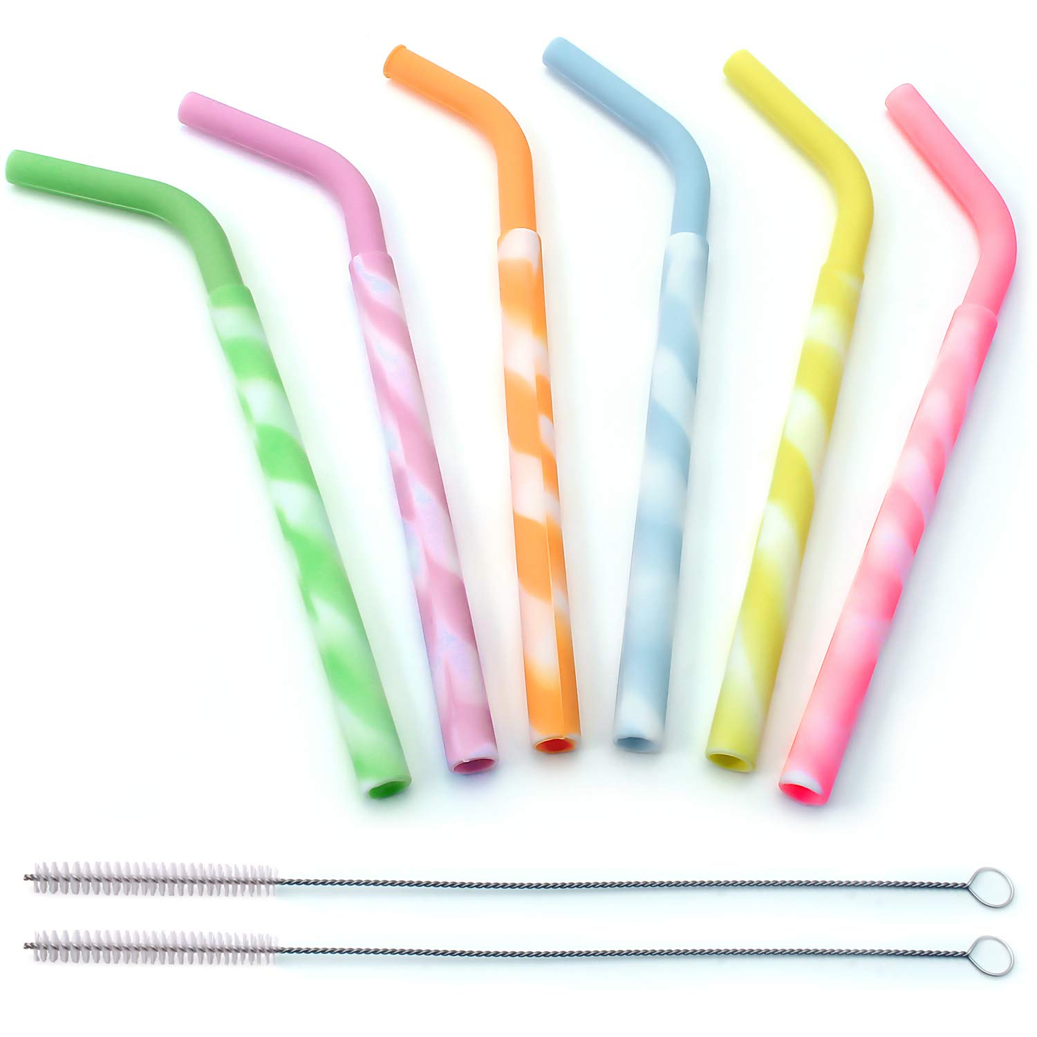 igadgitz home Reusable 100% Food Grade BPA Free Soft Silicone Straight & Bendy Drinking Straws with Metal Cleaning Brushes – Set of 6 (Purple, Orange, Yellow, Pink, Green, Blue)