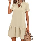 Wenrine Womens Casual Mini Dress Short Sleeve V Neck Drop Waist Ruffle Loose Summer Dresses with Pockets