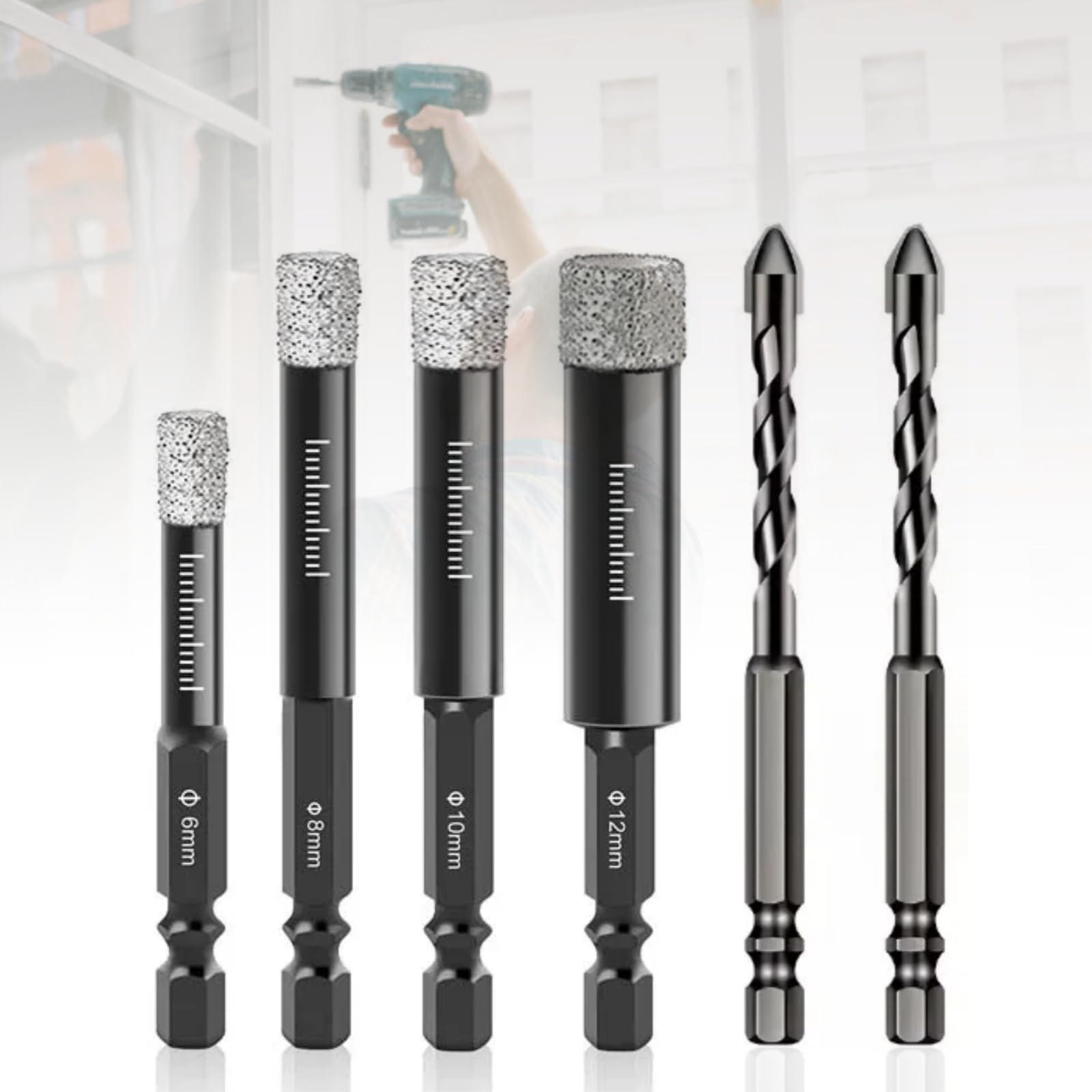 Diamond Drill Bit Porcelain Tile Drill Bit 6/8/10/12mm Dry Diamond Drill Bits and 6mm Hex Shank Drill Bitfor Granite Ceramic Marble Stone