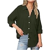 Linen Shirts for Women Full Button Down Casual Long Sleeve Blouse V-Neck Loose Work Tunic Tops with Pocket