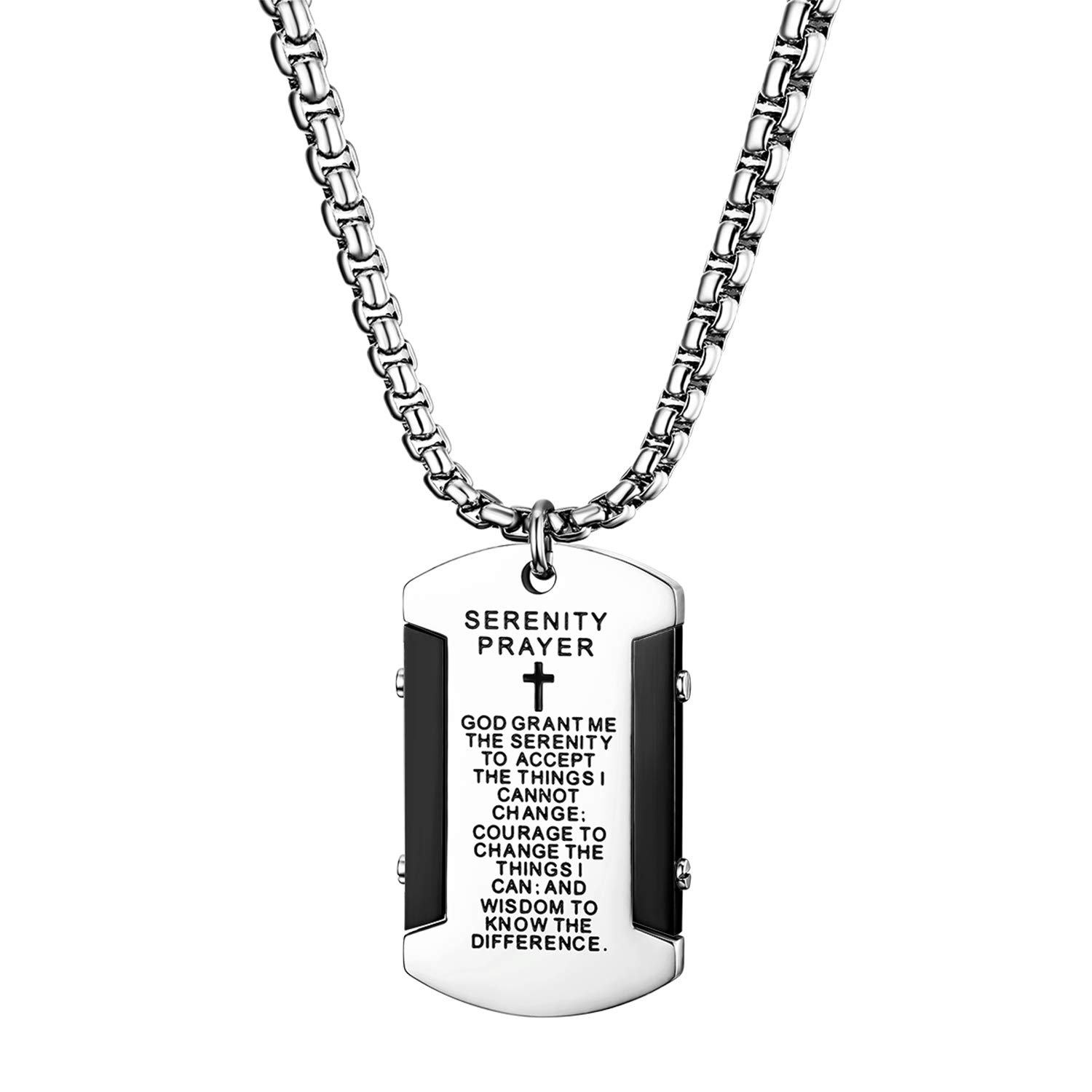 Cupimatch Cross Bible Christ Crucifix Pendant Necklace, Men's Stainless Steel Jesus Verse Lords Prayer Catholic Dog Tag Chain Jewelry 22 inch,silverblack for Fathers Day