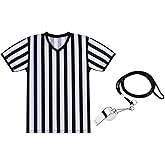 SATINIOR Men's Official Uniform Black and White Stripe Pro-Style Neck Referee Shirt, Officiating Umpire Jersey and Stainless Steel Whistle with Lanyard for Halloween Basketball Football Soccer