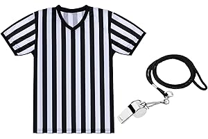 SATINIOR Men's Official Uniform Black and White Stripe Pro-Style Neck Referee Shirt, Officiating Umpire Jersey and Stainless Steel Whistle with Lanyard for Halloween Basketball Football Soccer