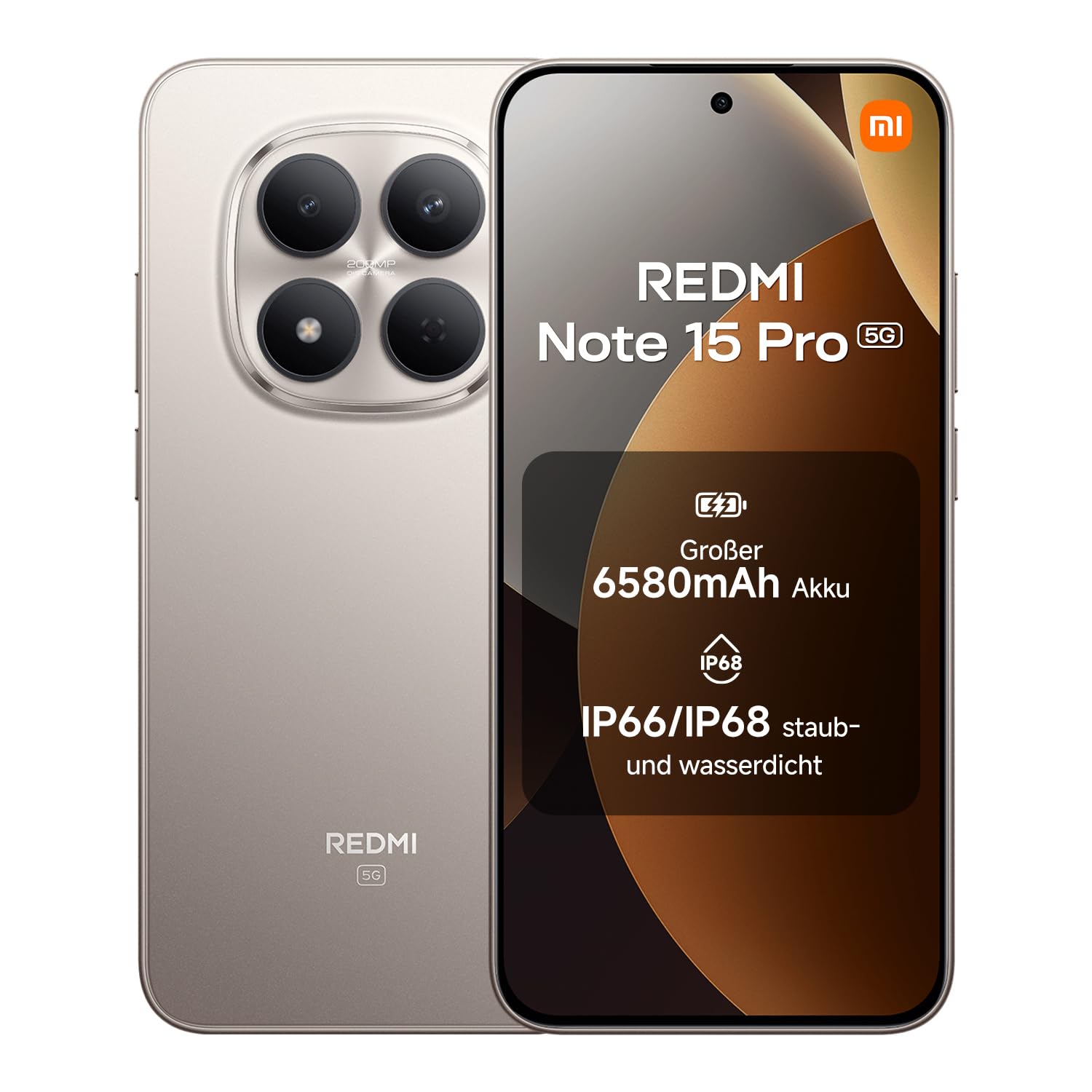 XIAOMI Redmi Note 15 Pro 5G Smartphone (12+512 GB) – Handy mit Android, 6580-mAh-Akku, IP66/IP68 Staub- und Wasserschutz, Neue 200-MP-Kamera, 6,83" AMOLED-Display, Titanium, 2 Jahre Garantie