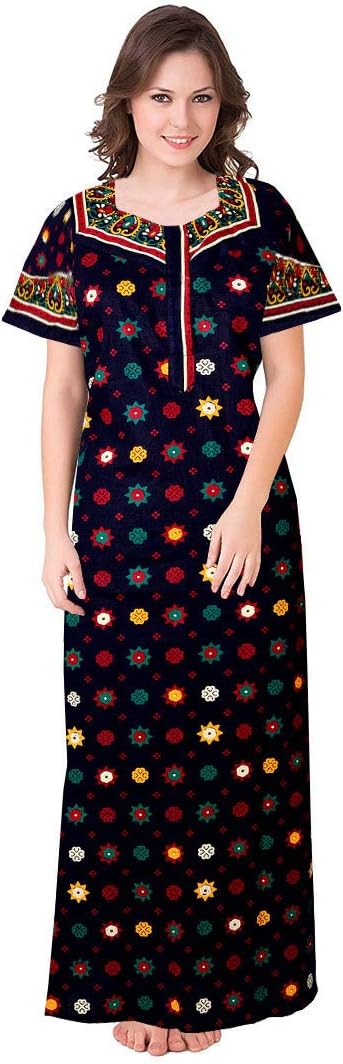 Silver Organisation Women's Cotton Embellished Maxi Nighty (SON7040 XL_Multicolored)