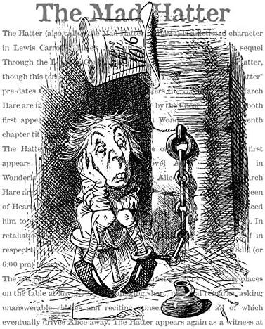 Beautiful 8x10 Alice in Wonderland Fine Art Black and White Print of the Mad Hatter in Jail. Illustration by John Tenniel. Overlaid on Encyclopedic Text About the Mad Hatter (WMHJTe810)
