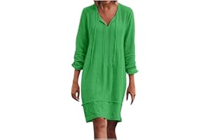 GENERIC Women Summer Dresses 2024 Cotton Linen V Neck Long Sleeve Loose Dress Casual Beach Pleated Knee Length Fashion Dresses
