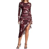 KUTUMAI Long Sleeve Floral Midi Dress Ruffle Slit Ruched Bodycon Fall Cocktail Wedding Guest Dresses for Women