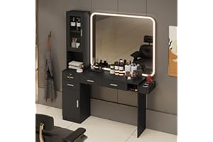 ADVWIN Barber Salon Station for Hair Styling, Wall Mount Beauty Spa Furniture Equipped with Salon Equipment Hair Dryer Holder, Drawers, Storage Cabinet and Open Shelves, Without Mirror (Black)