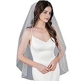 WEZTEZ Bridal Veils Beaded Edge Wedding Veil,1 Tier Pearl Crystal Edge Fingertip Length Short Bride Veil With Metal Comb