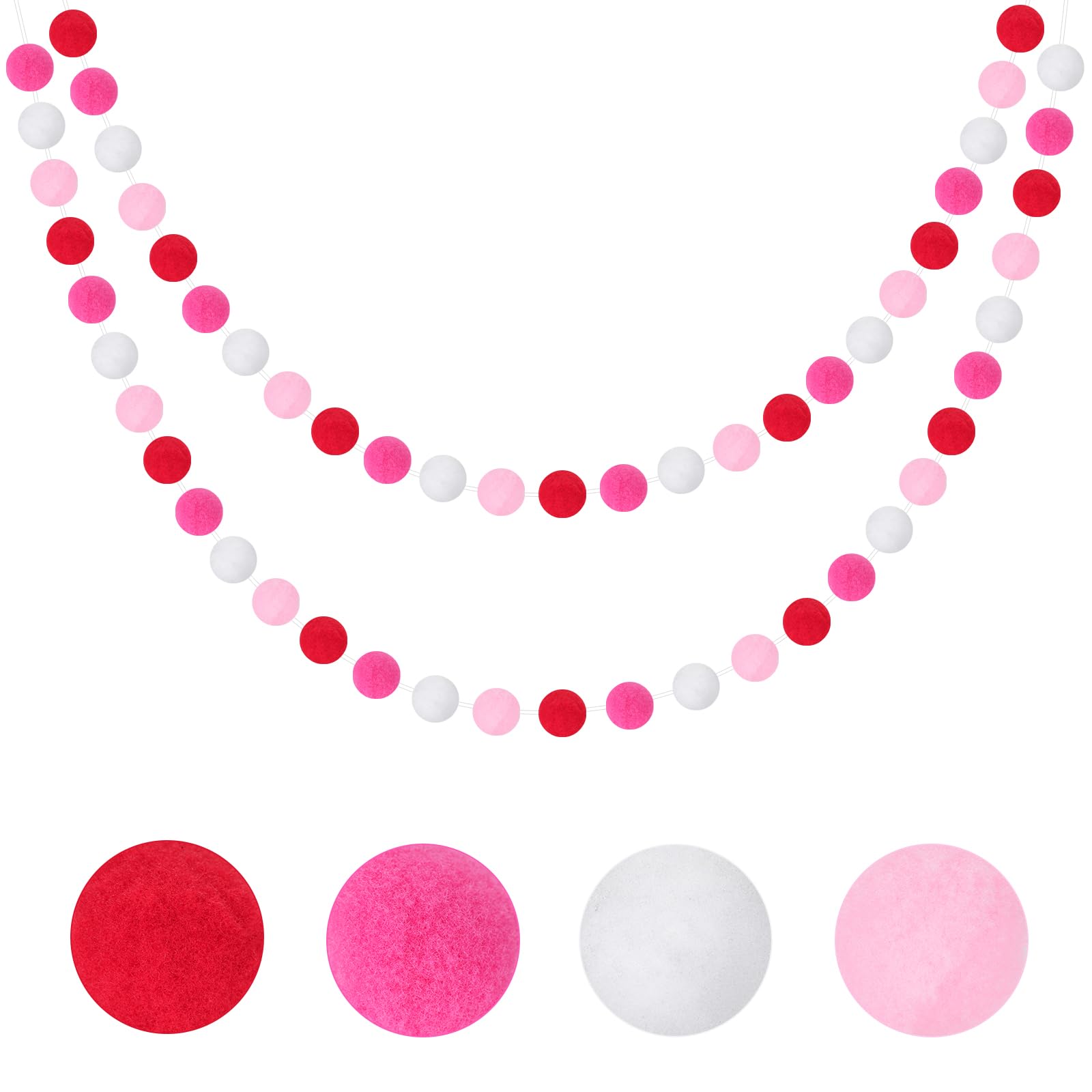 G2PLUS 2PCS Pre-strung Felt Pom Pom Garlands with 60 Balls for Valentine's Day, Rose Pink and White Felt Ball Garlands for Bedroom Party Decoration