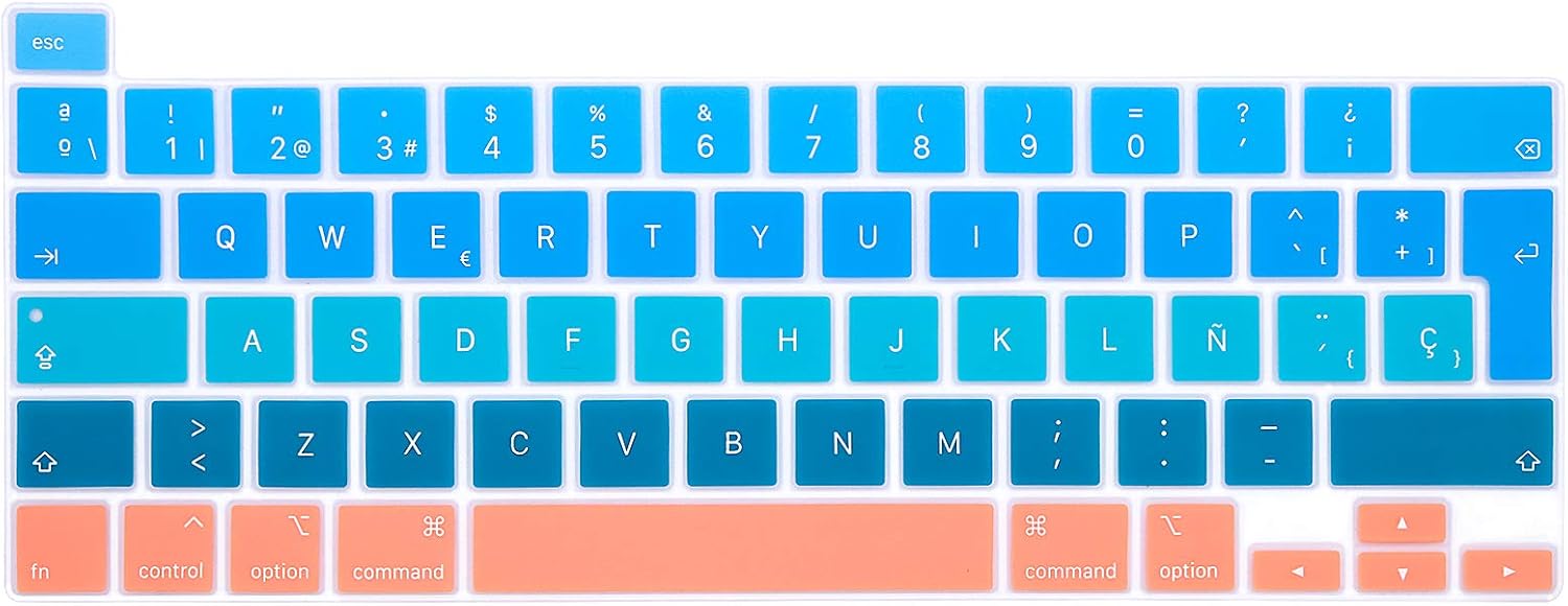 MMDW Spanish Language ESP Silicone Keyboard Cover Skin for MacBook Pro 16 2019 A2141 for MacBook New Pro 13.3 inch A2338 M1/A2251/A2289 with Touch Bar & Touch ID European Version(Ombre aqua)