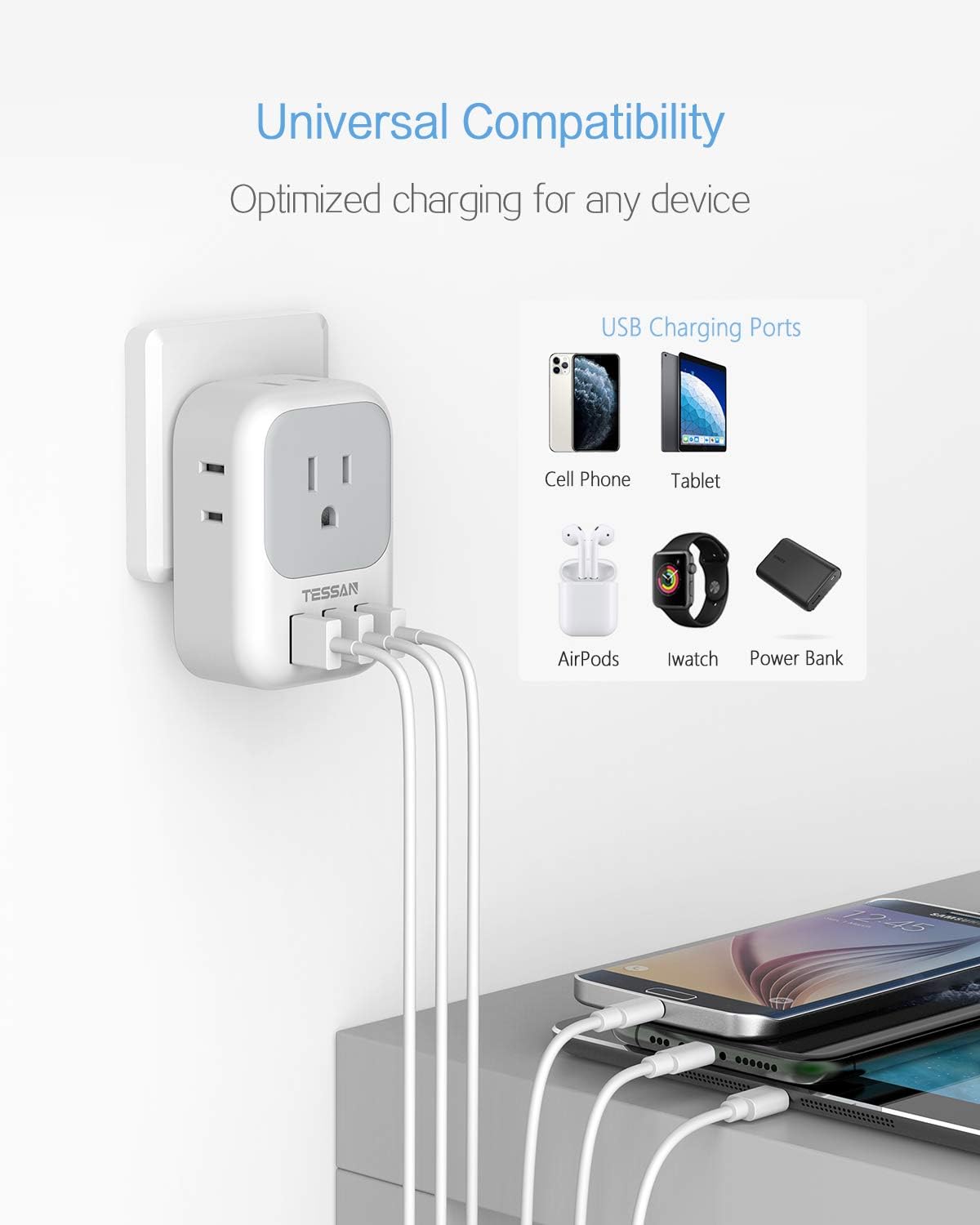 Multi Plug Outlet Extender with USB, TESSAN Electrical 4 Outlet Box Splitter with 3 USB Wall Charger, Multiple Power Outlet Expander for Cruise Essentials, Home, Office - - 