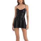 FEORJGP Womens Sparkly Sequin Mini Dress Shiny Spaghetti Strap Short Dress Glitter Disco Slip Dresses Cocktail Party Clubwear