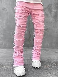 Kodaruber Mens Stacked Jeans Slim Fit Ripped Skinny