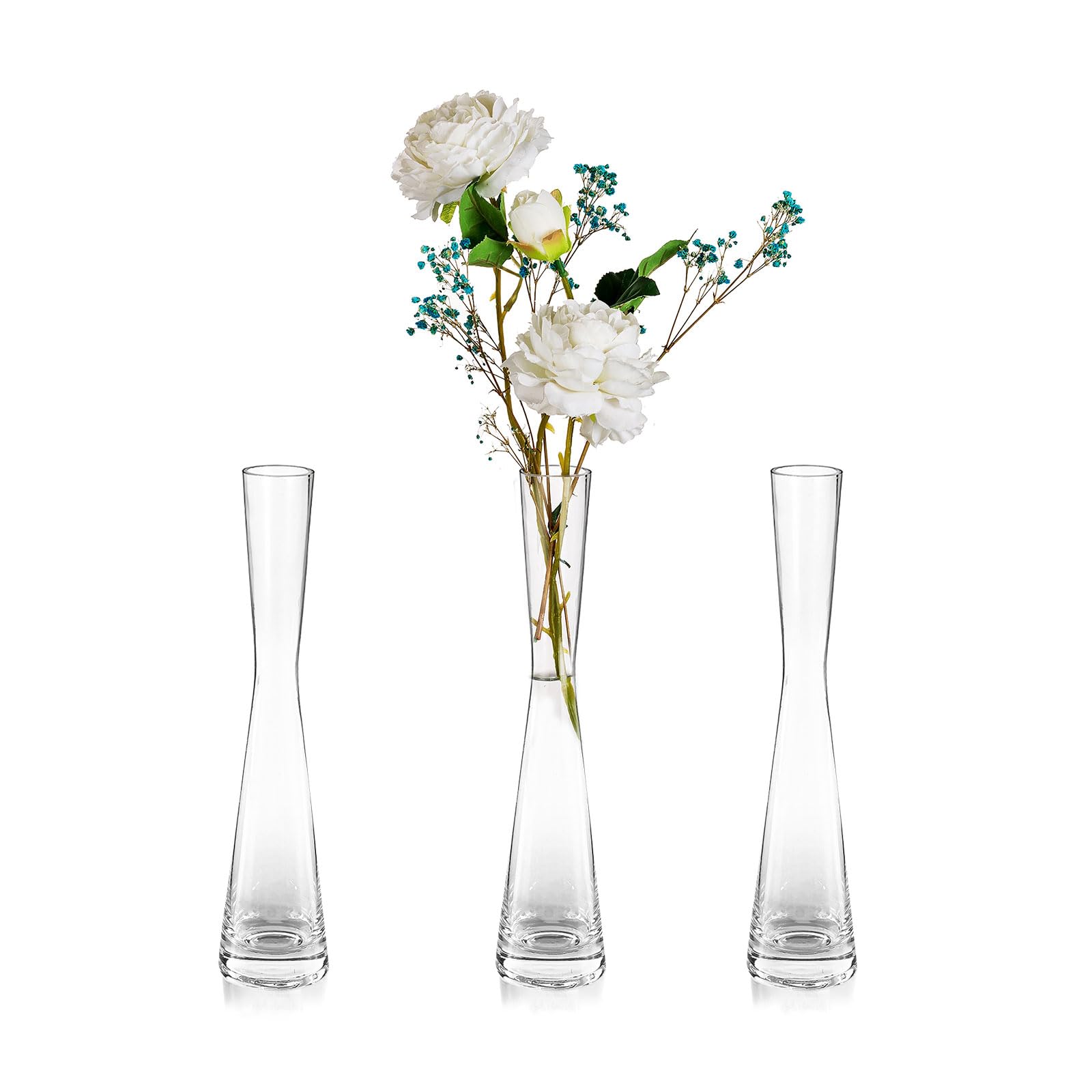 Glass Handmade Tall Thin Flower Vase: Glasseam 3Pcs 24.5cm Modern Single Stem Narrow Clear Vases Living Room Table Centrepiece Slim Cylinder Home Decor for Wedding Ornaments Pampas Grass Tulip Rose — image 1