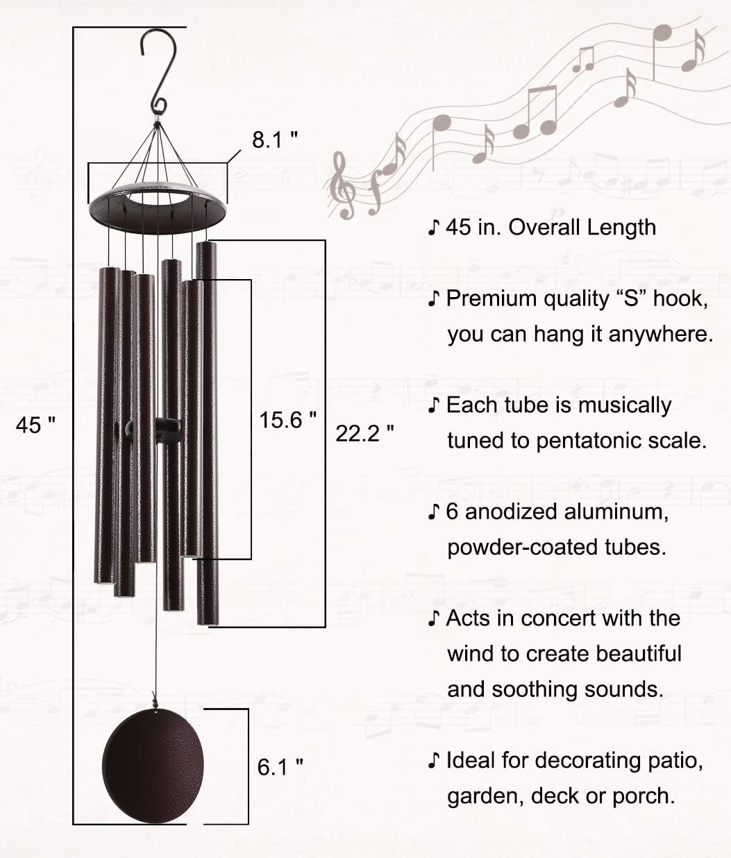 ELYXWORK Large Wind Chimes Outdoor Deep Tone 45 Inch, Memorial Windchimes with 6 Heavy Tubes Tuned Soothing Melody as Sympathy Gift, Home, Patio, Garden Decor, Bronze : Garden & Outdoor