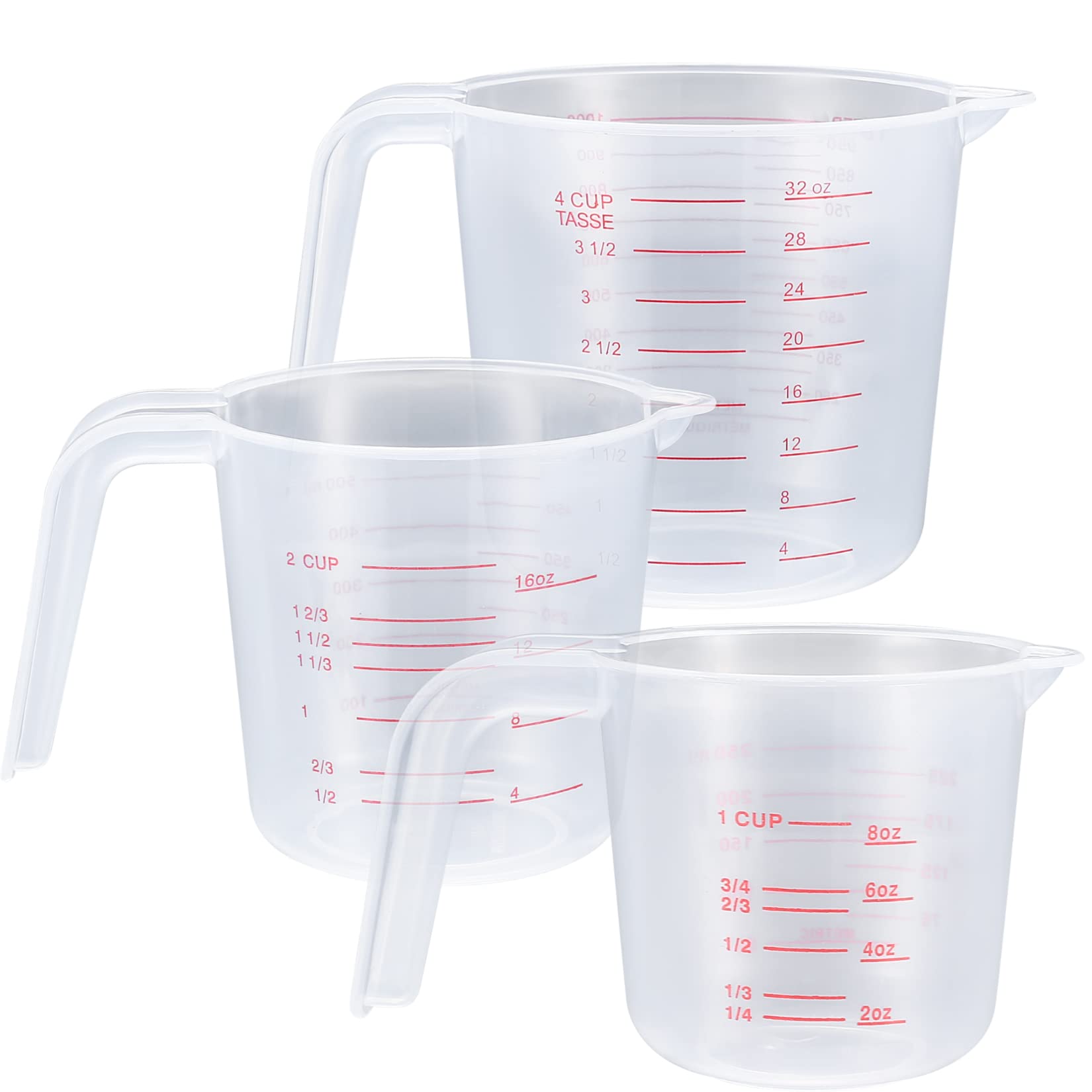 TOOINKCV 3 Pcs Plastic Measuring Jugs Set, 250ML/500ML/1000ML Plastic Measuring Cups with Handles, Kitchen Baking Measuring Cups Jugs, Clear & Easy to Read Measurements