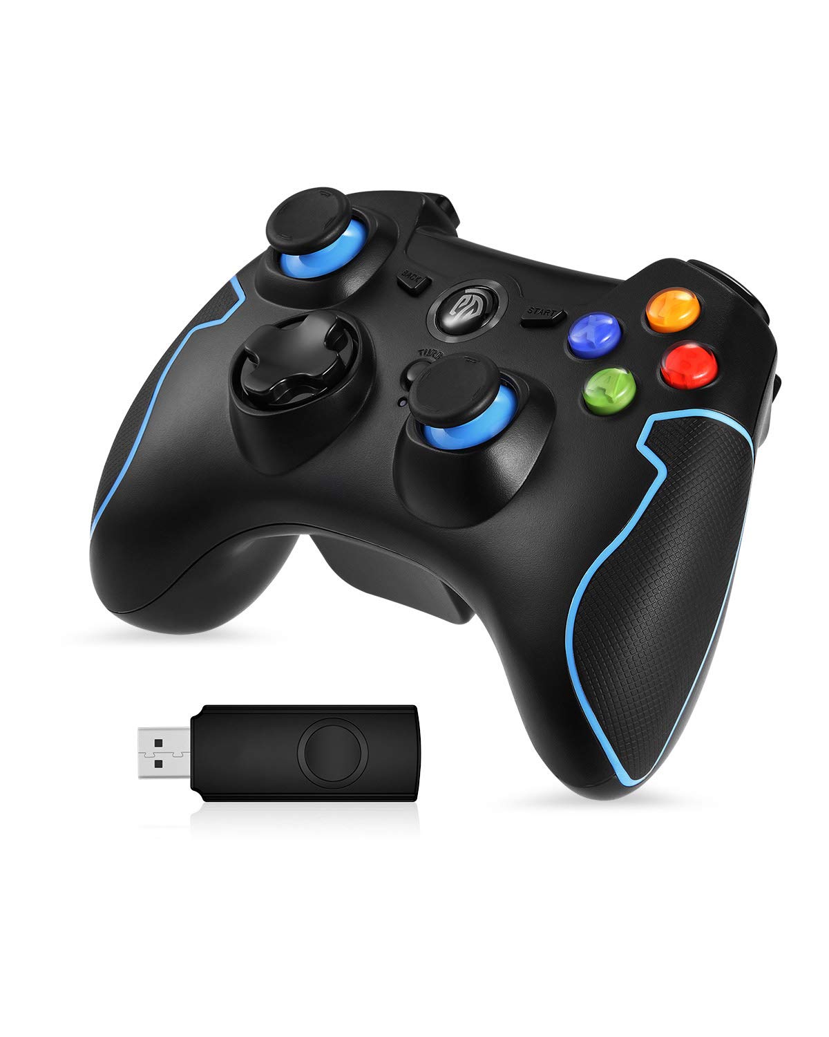 EasySMX Wireless 2.4G Game Controller with Vibration Fire Button range up to 10m Support PC (Windows XP/7/8/8.1/10), PS3, Android, Vista, TV Box Portable Gaming Joystick Handle (Black and Blue)