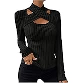 SOLY HUX Women's Cut Out T Shirt Criss Cross Long Sleeve Slim Fitted Tee Knit Casual Fall Tops