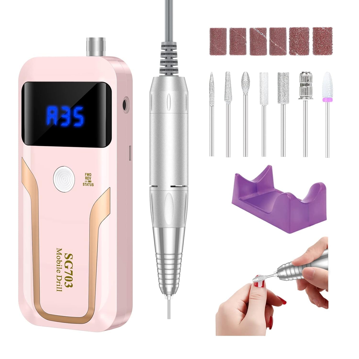 Photo 1 of Portable Nail Drill Professional 35000 RPM, MOCOWIND Rechargeable Electric Nail File Machine E File for Acrylic Gel Polishing Removing, Cordless E-File with Bits Kit for Manicure Salon Home,Pink