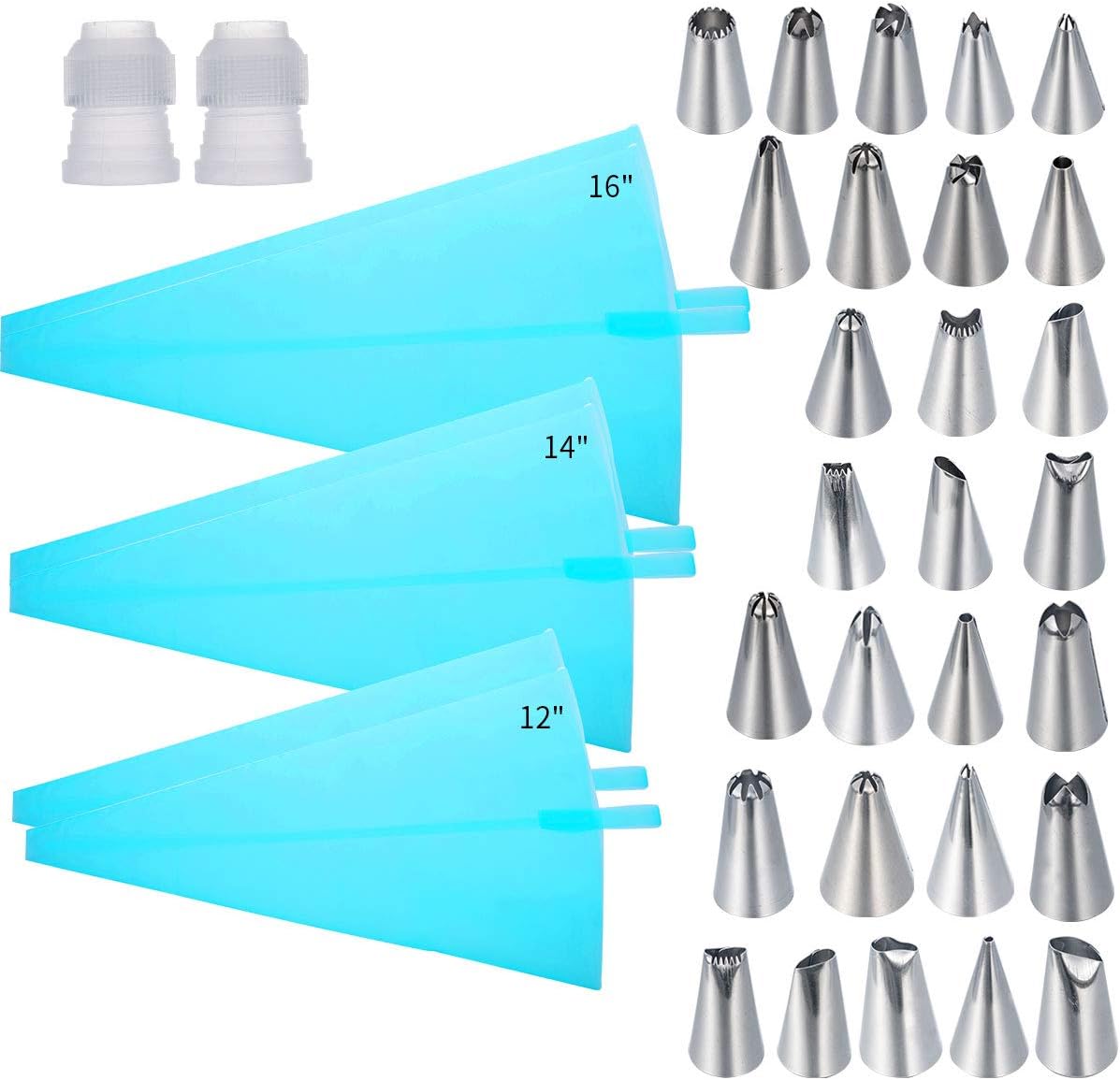 Vasdoo Silicone Pastry Bags, 36 Baking Cookie Cake Decorating Bags Set with 6 Pcs 3 Sizes (12”+14”+16”) Reusable Icing Pastry Bags, 28 Icing Bags Tips, 2 Piping Bags Couplers