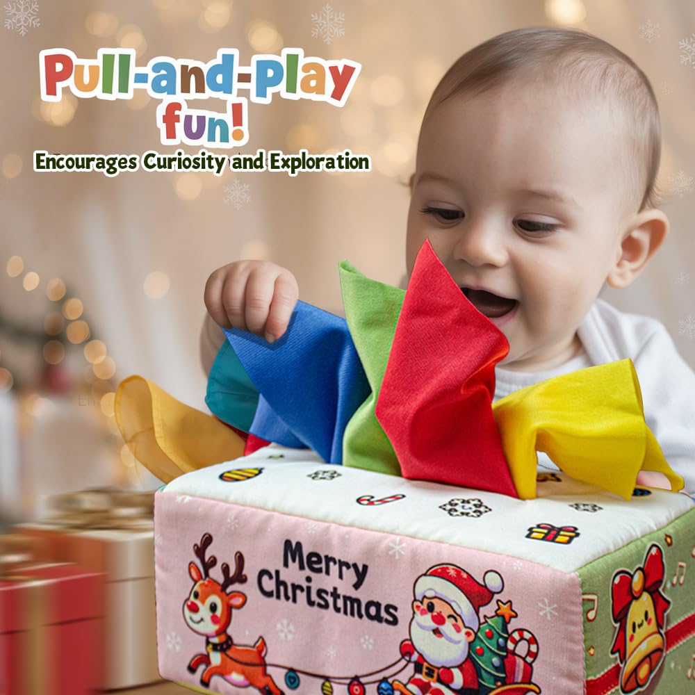 Christmas Baby Toy for 6-12M – Christmas Tissue Box Sensory Pull Toy with Crinkle Papers, Handkerchiefs & Scarves – Ideal Stocking Stuffer for Toddlers