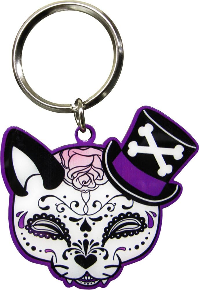 Top Hat, Black & White Cat, Cheeky Tophat Cat Sugar Skull - Awesome Metal Keychain - 1.75