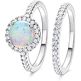 MDFUN Opal Engagement Halo Ring for Women Created Opal Cubic Zirconia 2 in 1 Rings Set 18k White Gold Plated Round CZ Promise Ring Bands Jewelry Gifts Size 5-10