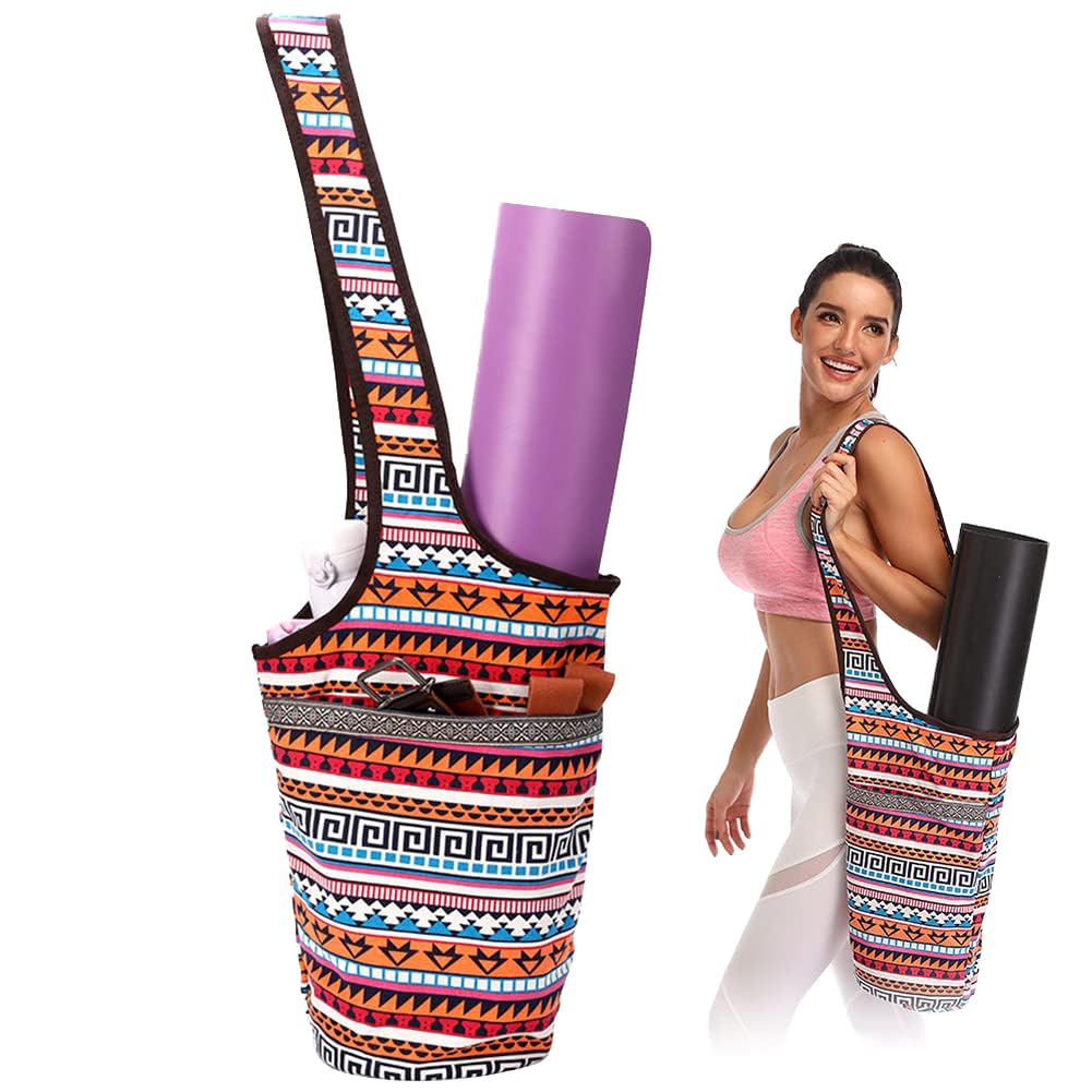 Tyuodna Yoga Mat Bag, Large Size Canvas Yoga Mat Bag, National Wind Yoga Mat Bag with Large Pocket & Zipper Pocket, Fit Most Size Mats (National Wind)