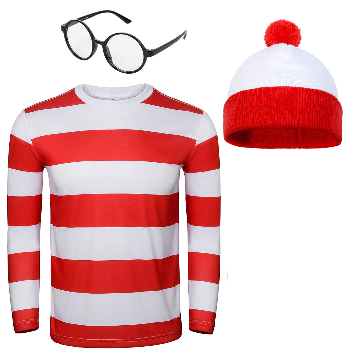 NUWIND Red and White Striped T-Shirt Glasses Beanie Hat Outfit Suit SetHalloween Cosplay Costume Party Props for Men Adults (XXL)