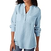 Womens 100% Cotton Tunic Long Sleeve V Neck Gauze Shirt Casual Work Lounge Blouse Tops